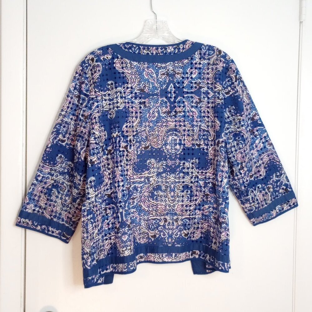 Chico's Blue & White Baroque Print Eyelet Lace Open Front Jacket - Picture 7 of 10